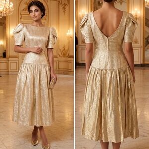 1980s Vintage Victor Costa Gold Metallic Lamé Disco
Dress Origami Puff Sleeves